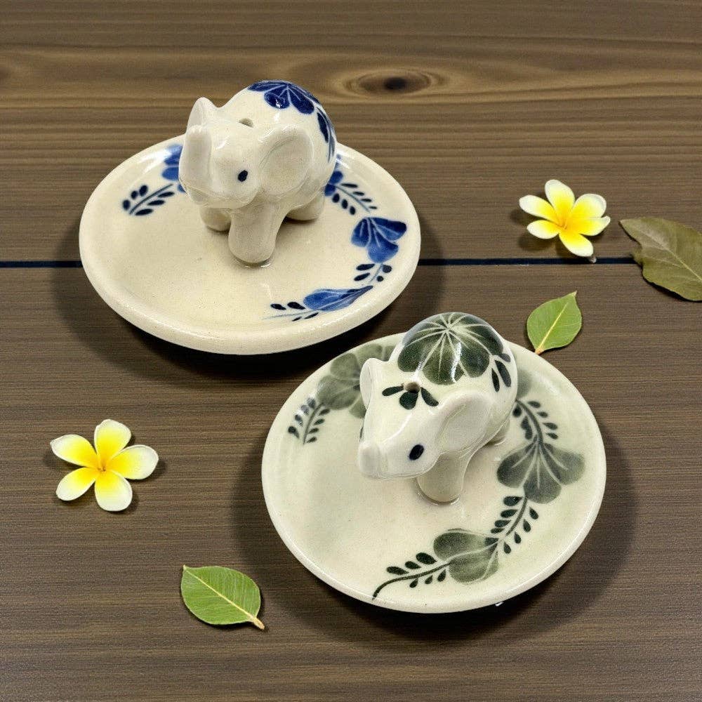 Elephant Floral on Round Ceramic Incense Holder - Assorted