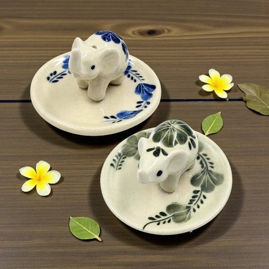 Elephant Floral on Round Ceramic Incense Holder - Assorted