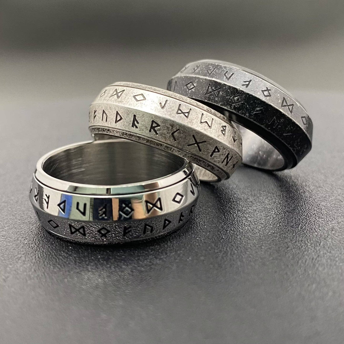Rotatable Viking Rune Men's Stainless Steel Ring - MJ/MR: Steel color / 7