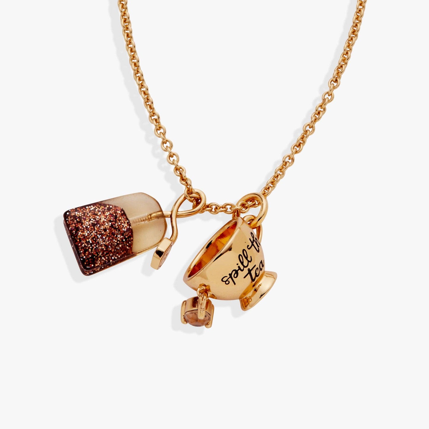 Necklace - 'Spill the Tea' Cup & Tea Bag Charm Pendant Necklace: Gold