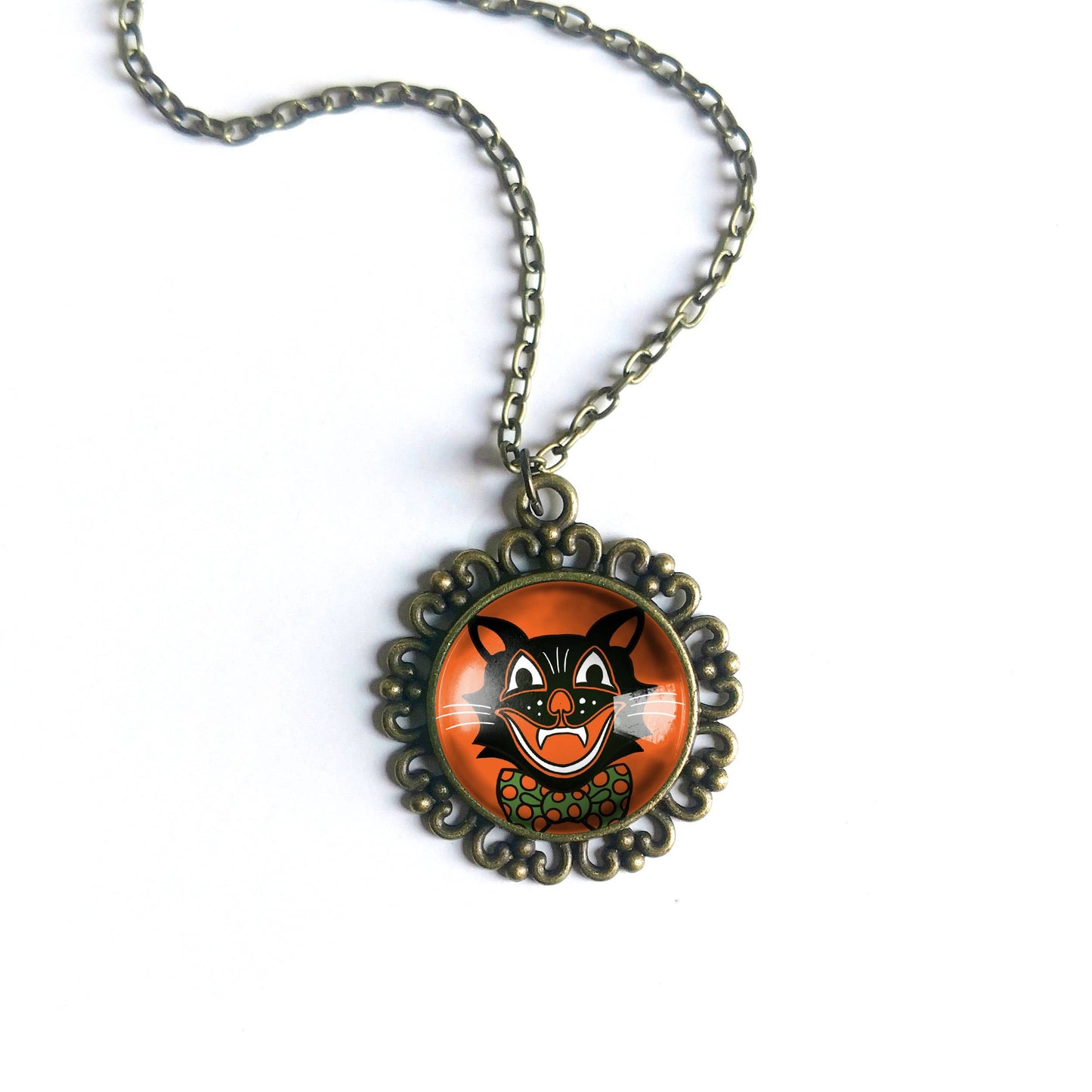 Necklace - Retro Black Cat Ornate: 16mm Double Sided Pendant with Bead