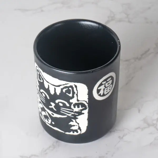 Maneki Neko Lucky Cat Yunomi Style Tea Cup Black Matte Glaze