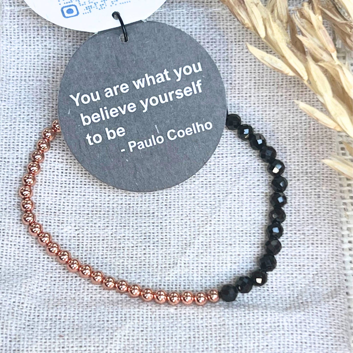 Dainty Faceted Black Tourmaline beads + Copper Bracelet