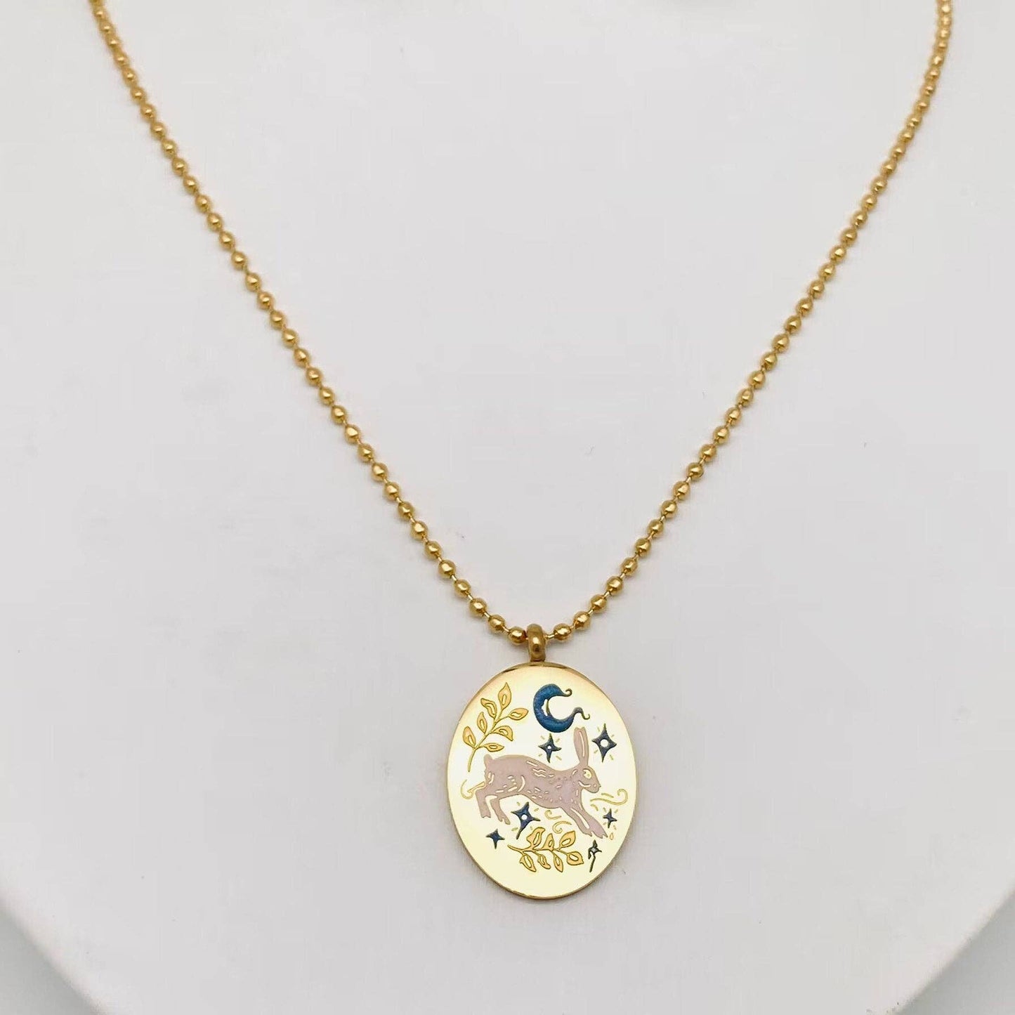 Painted Enamel Rabbit Oval 18K Gold Plated Necklace