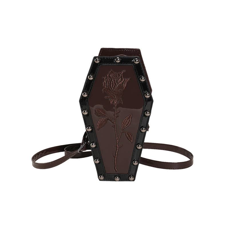 Spider Web Pattern Studded Coffin Crossbody Bag: Brown