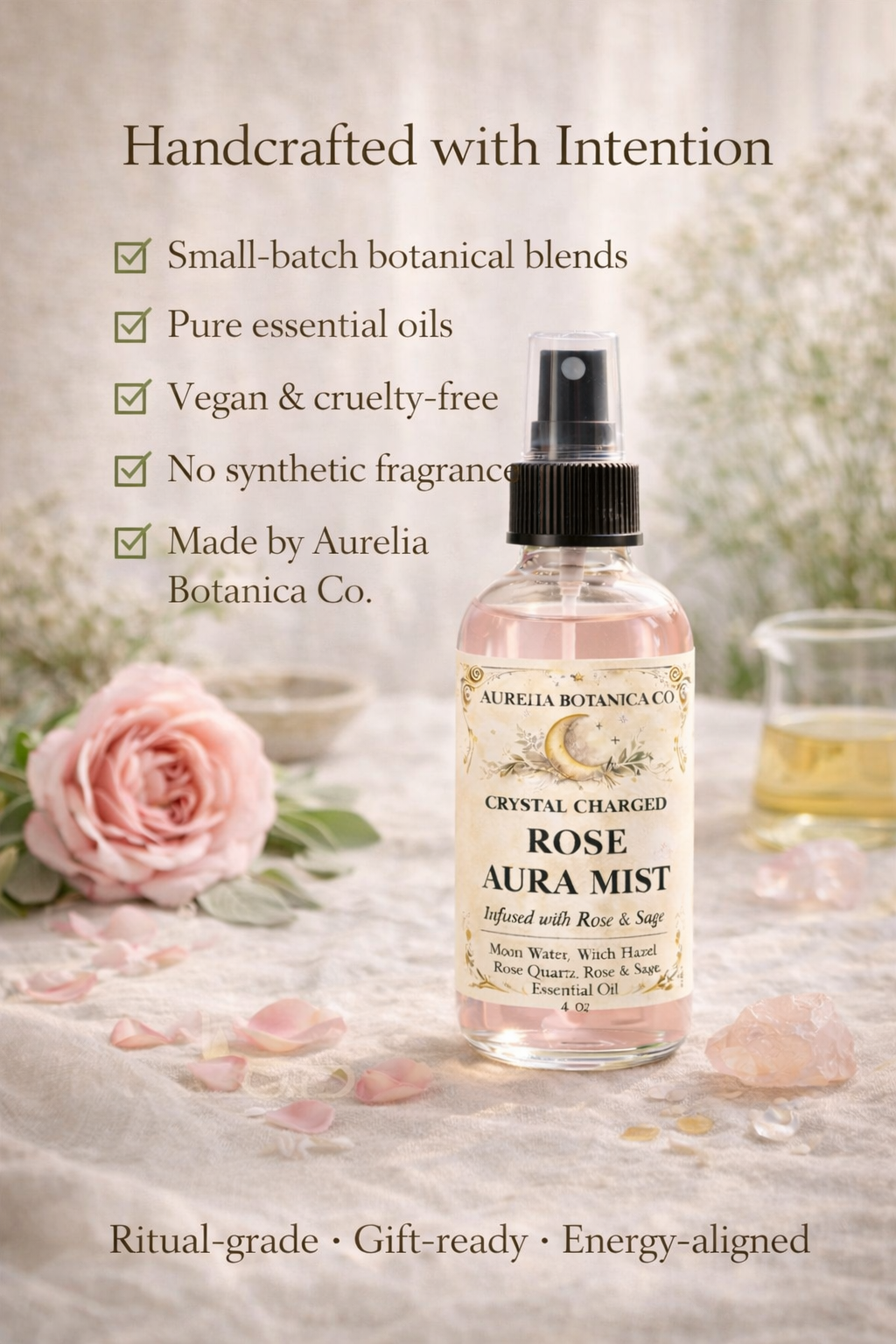 Rose & Sage Moon Water | Crystal Infused Aura Mist for Cleansing, Protection & Heart Healing | Full Moon Ritual Spray | Energy Clearing Botanical Mist: 2 fl oz