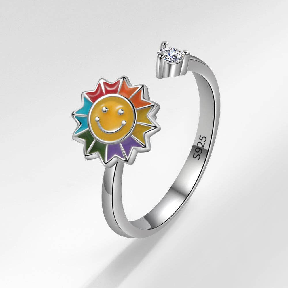 Smiley Sunflower Anxiety Fidget Spinner Ring in Solid Copper