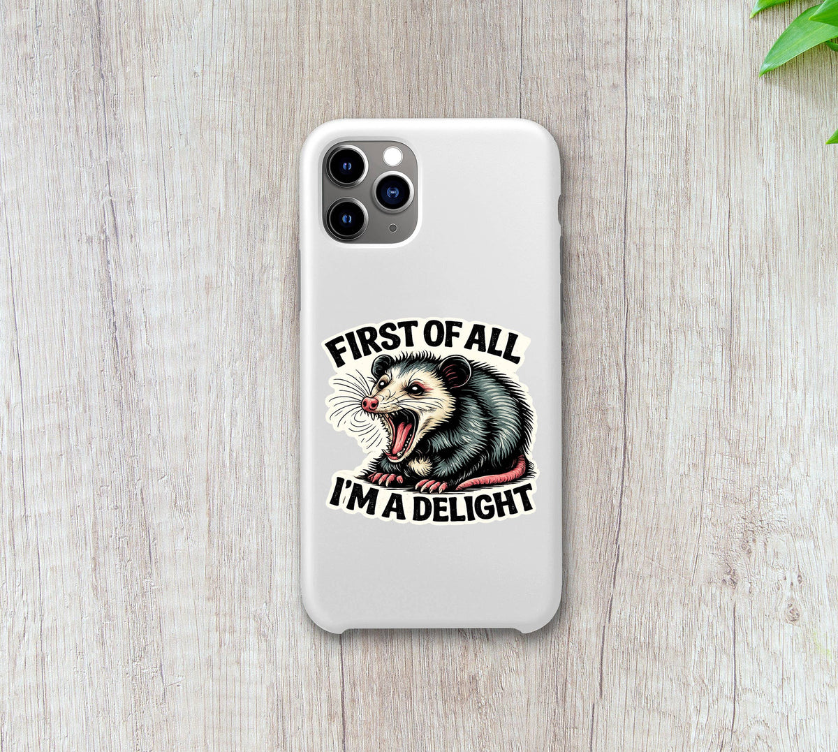 First of All I’m a Delight Funny Possum Vinyl Sticker: 3" tall