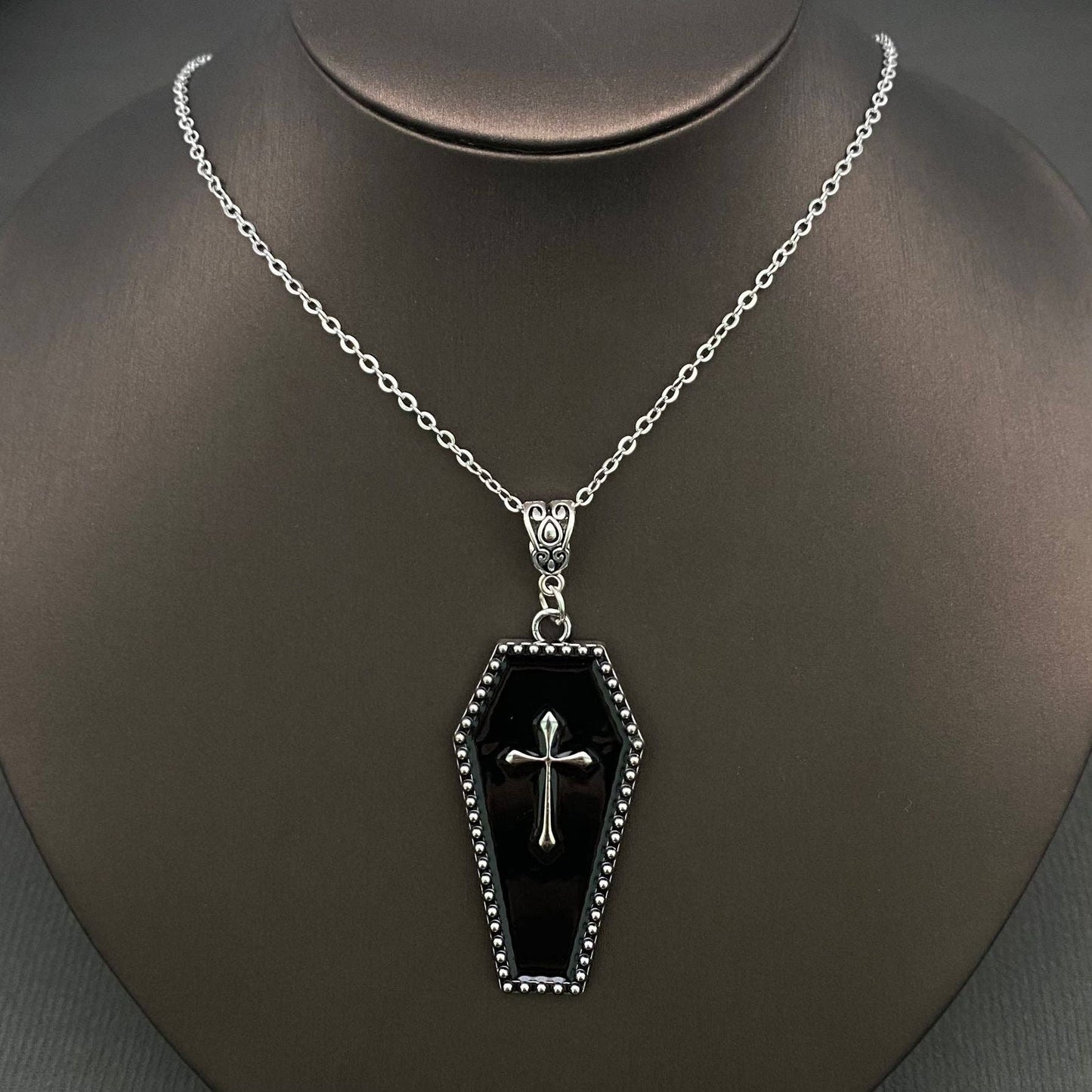 Gothic Enamel Cross Coffin Charm Necklace - GT: Black
