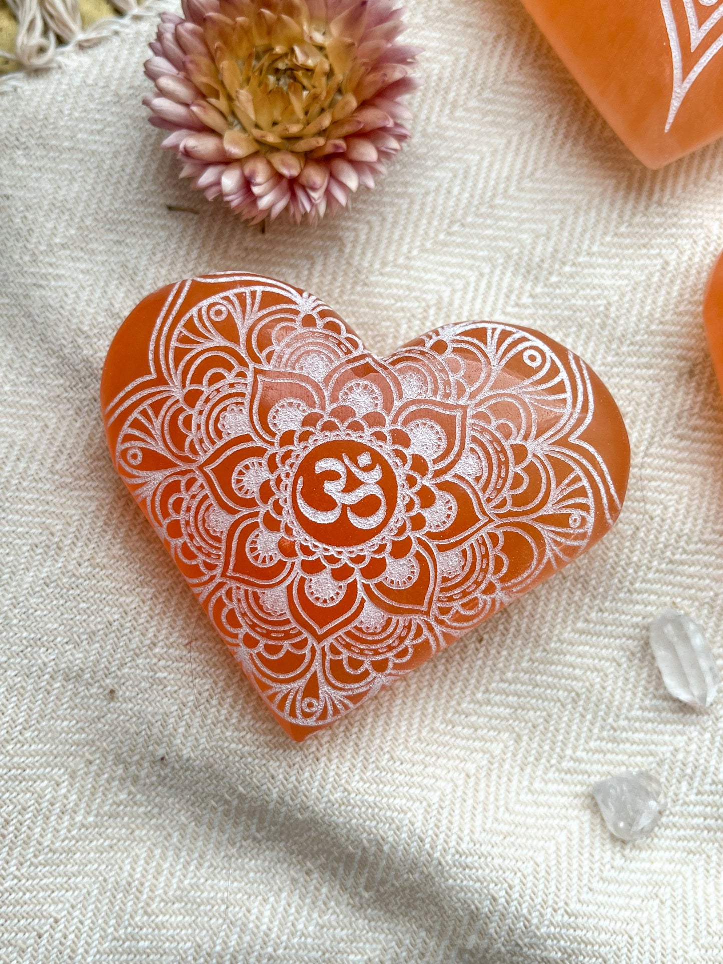 Peach Selenite - Engraved Heart Small (~2") / Om Mandala