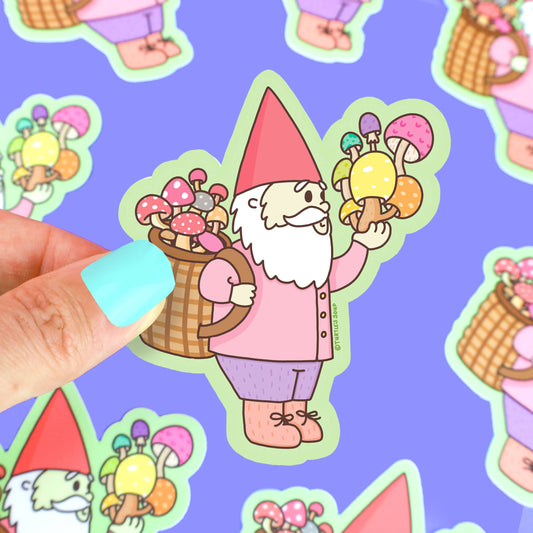 Stickers - TS - Gnome Gathering Mushrooms Cottagecore Vinyl Sticker