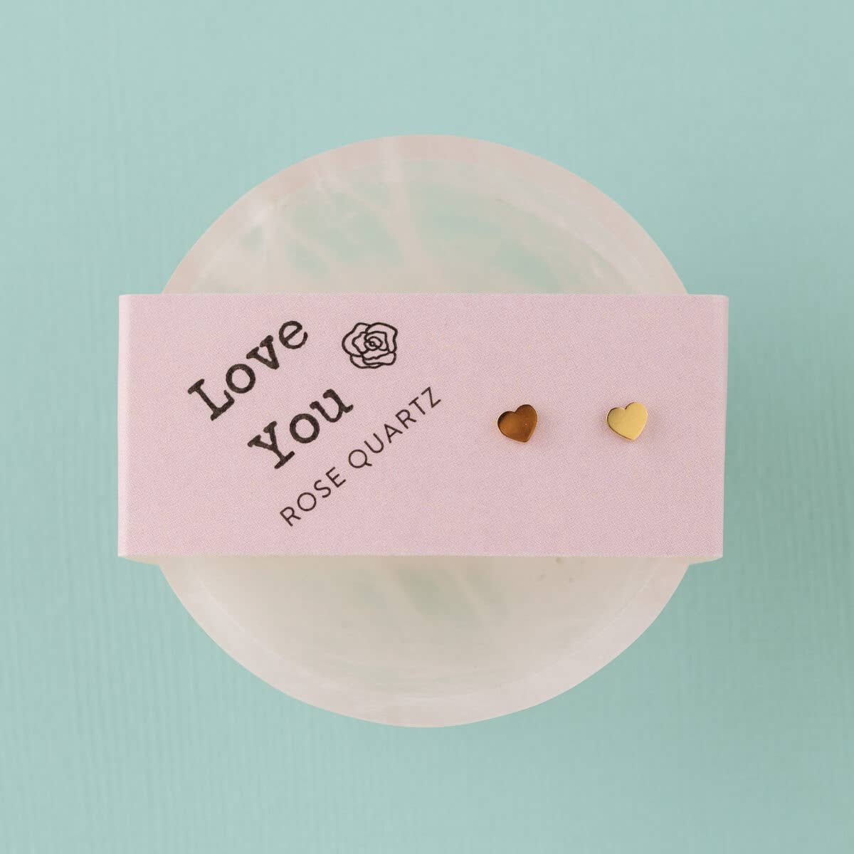 Gold Heart Stud Earrings & Rose Quartz Bowl Gift Set