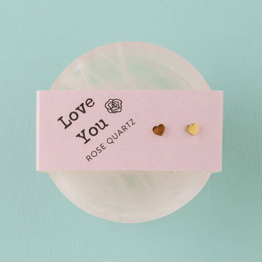 Gold Heart Stud Earrings & Rose Quartz Bowl Gift Set