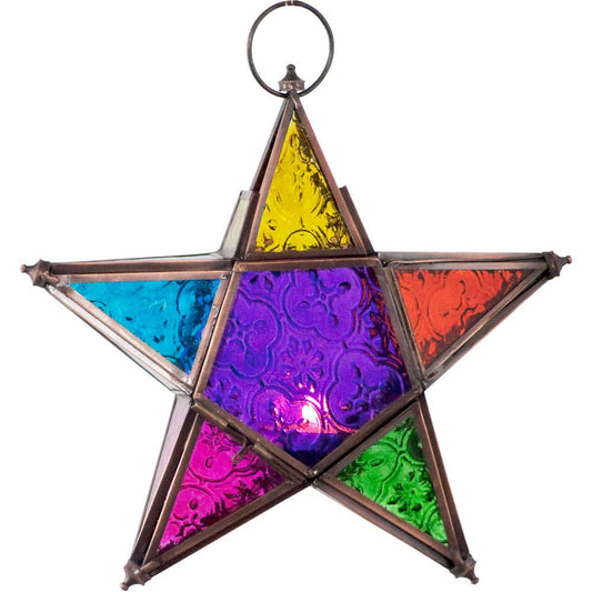 Glass & Metal Lantern 5 Point Star Multi Colored