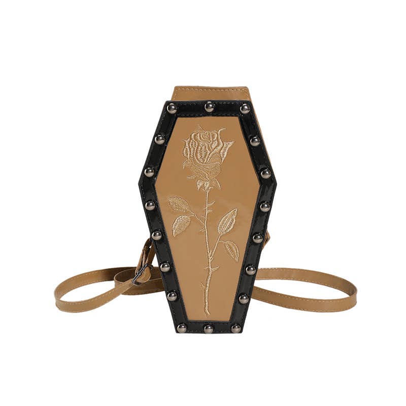 Rose Pattern Studded Coffin Crossbody Bag: Black