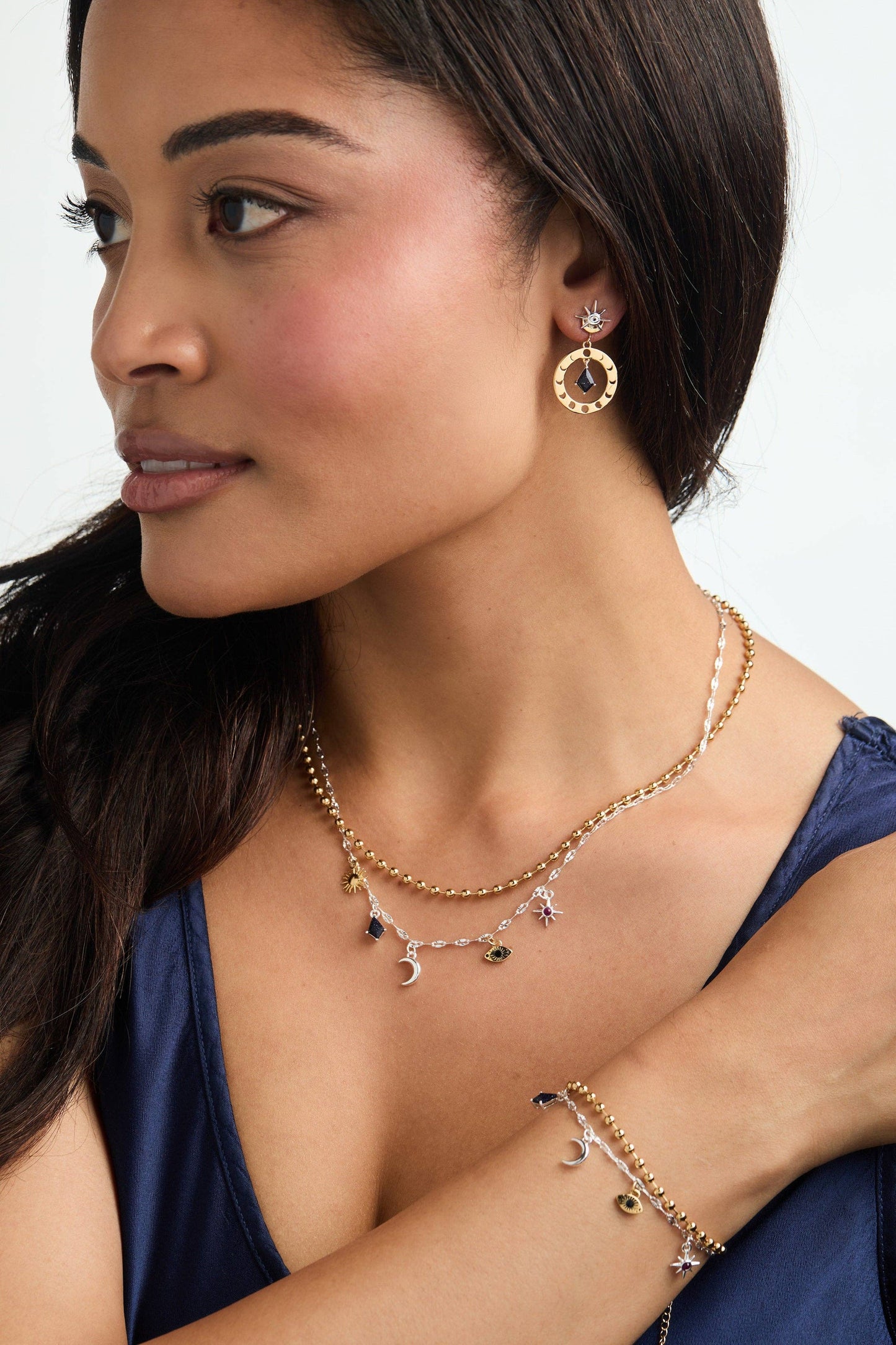 Moon Magic 2 Row Charm Necklace: Two Tone