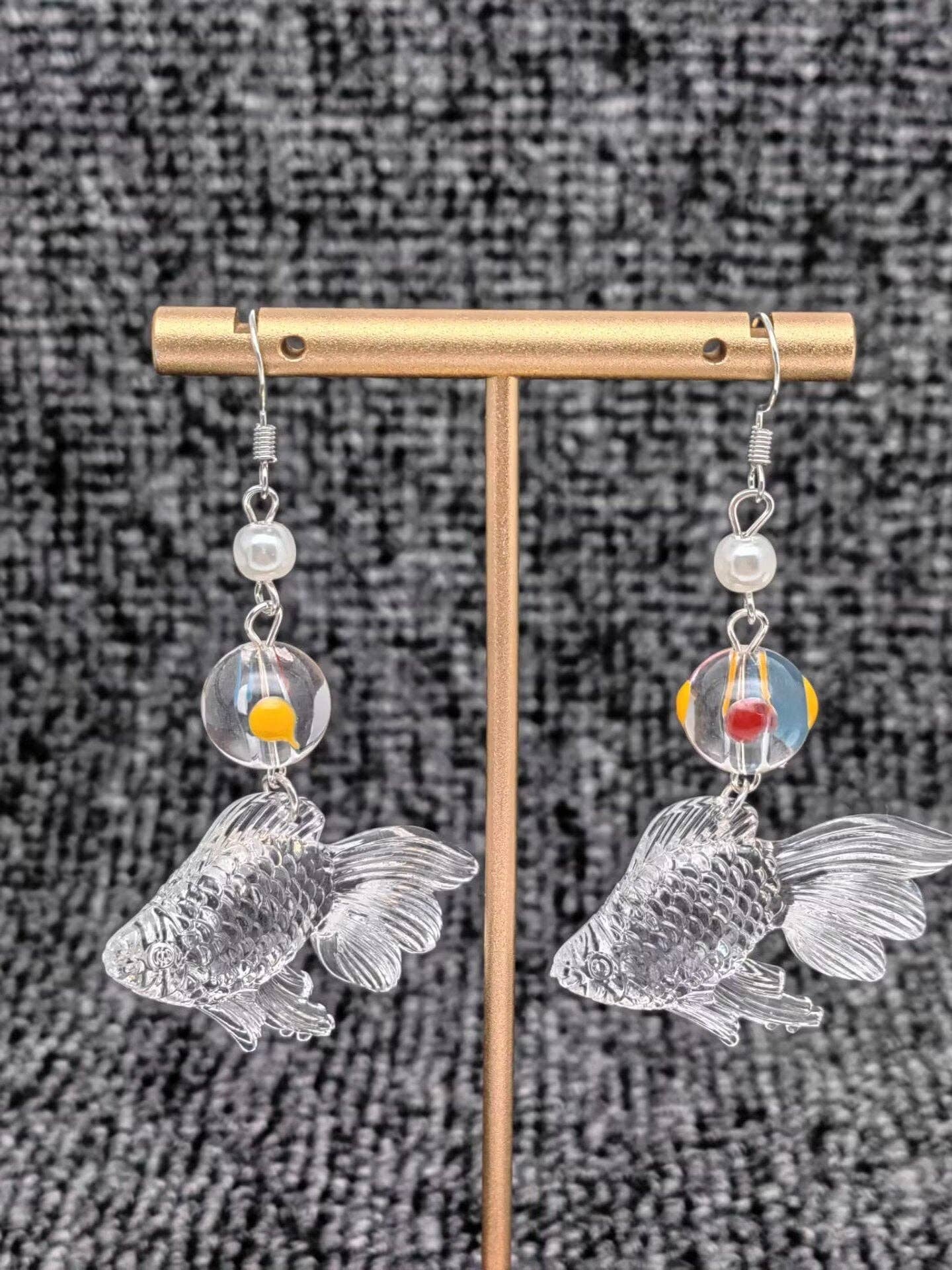 Earrings - Transparent Acrylic Goldfish Dangle Earrings: Post Style