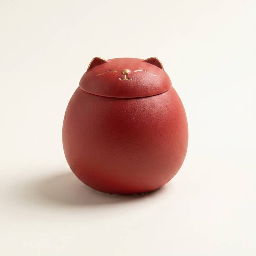 Ceramic Lucky Cat Tea Canister - Red