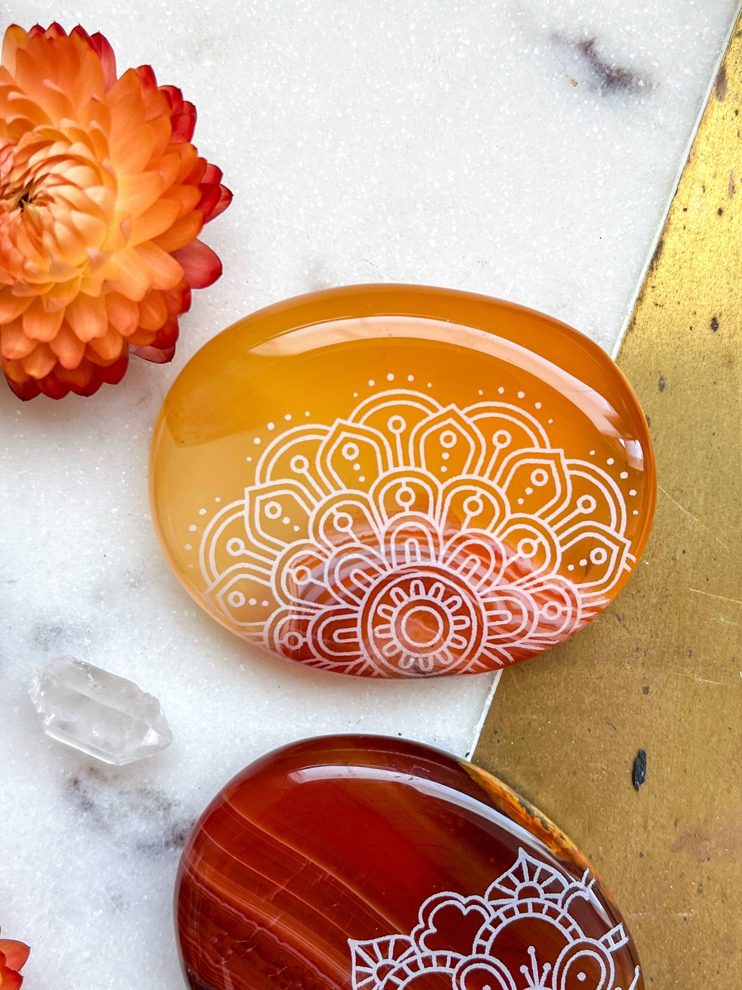 Etched Carnelian Worry Stone Palmstone - Assorted Mandalas