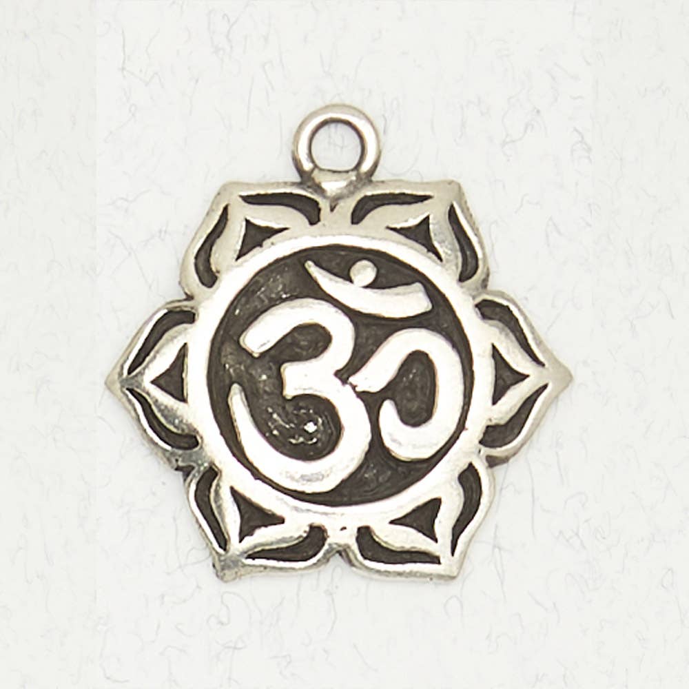 Hindu Pewter Pendant Necklace - Om on Lotus: Pewter