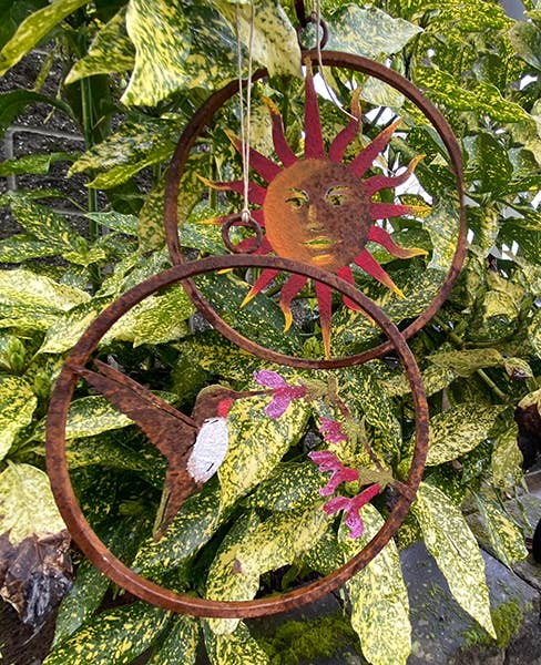 Painted Hummingbird on Salvia Mini Ring - Metal Garden Art