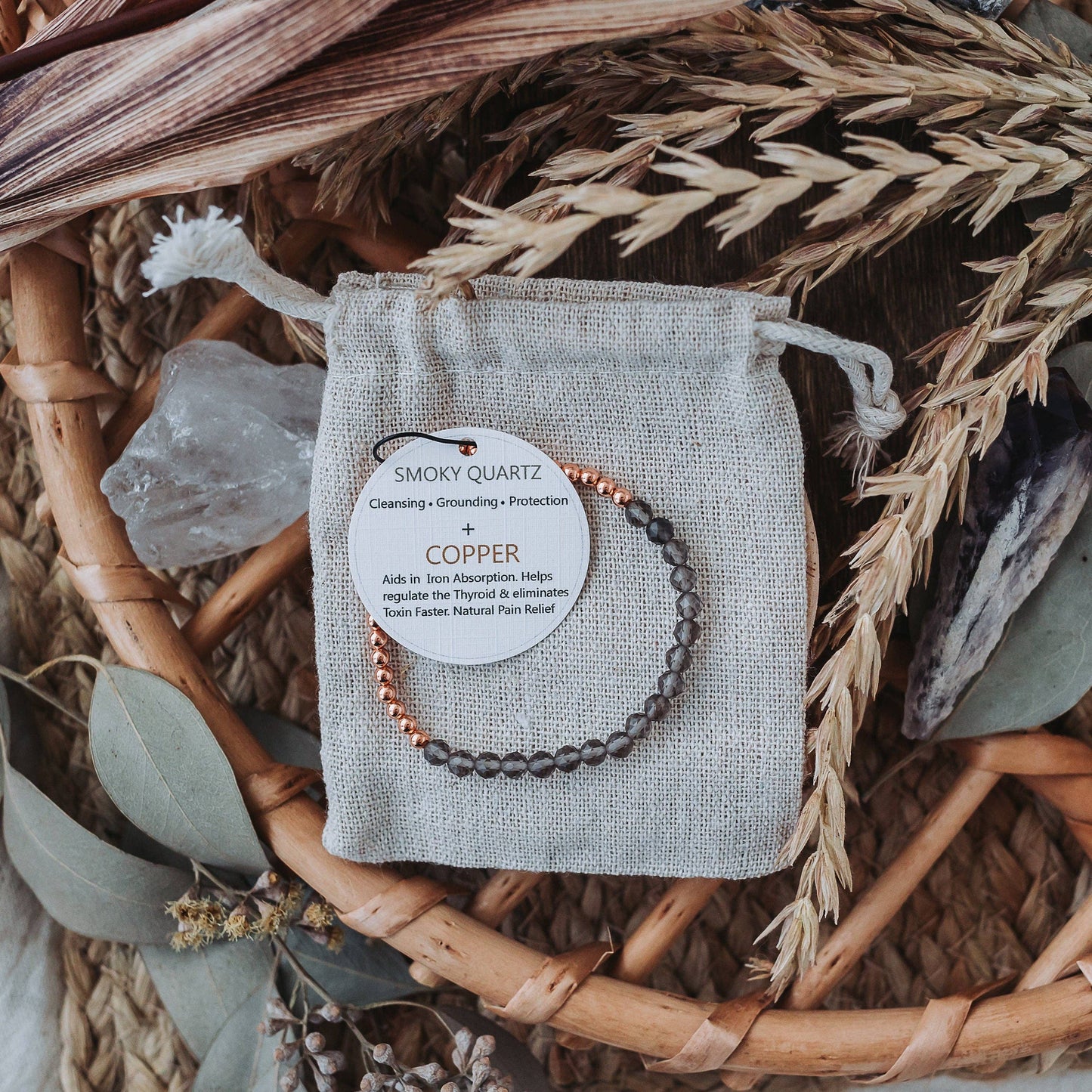 Dainty Faceted Smoky Quartz beads + Solid Copper Bracelet