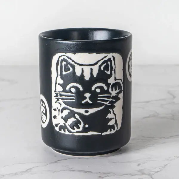 Maneki Neko Lucky Cat Yunomi Style Tea Cup Black Matte Glaze
