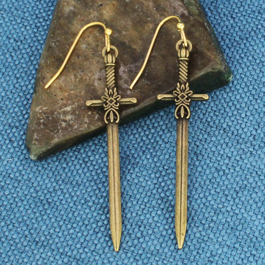 Earrings - Antiqued Gold Sword