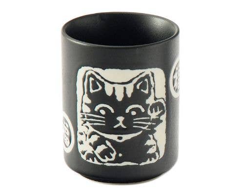 Maneki Neko Lucky Cat Yunomi Style Tea Cup Black Matte Glaze