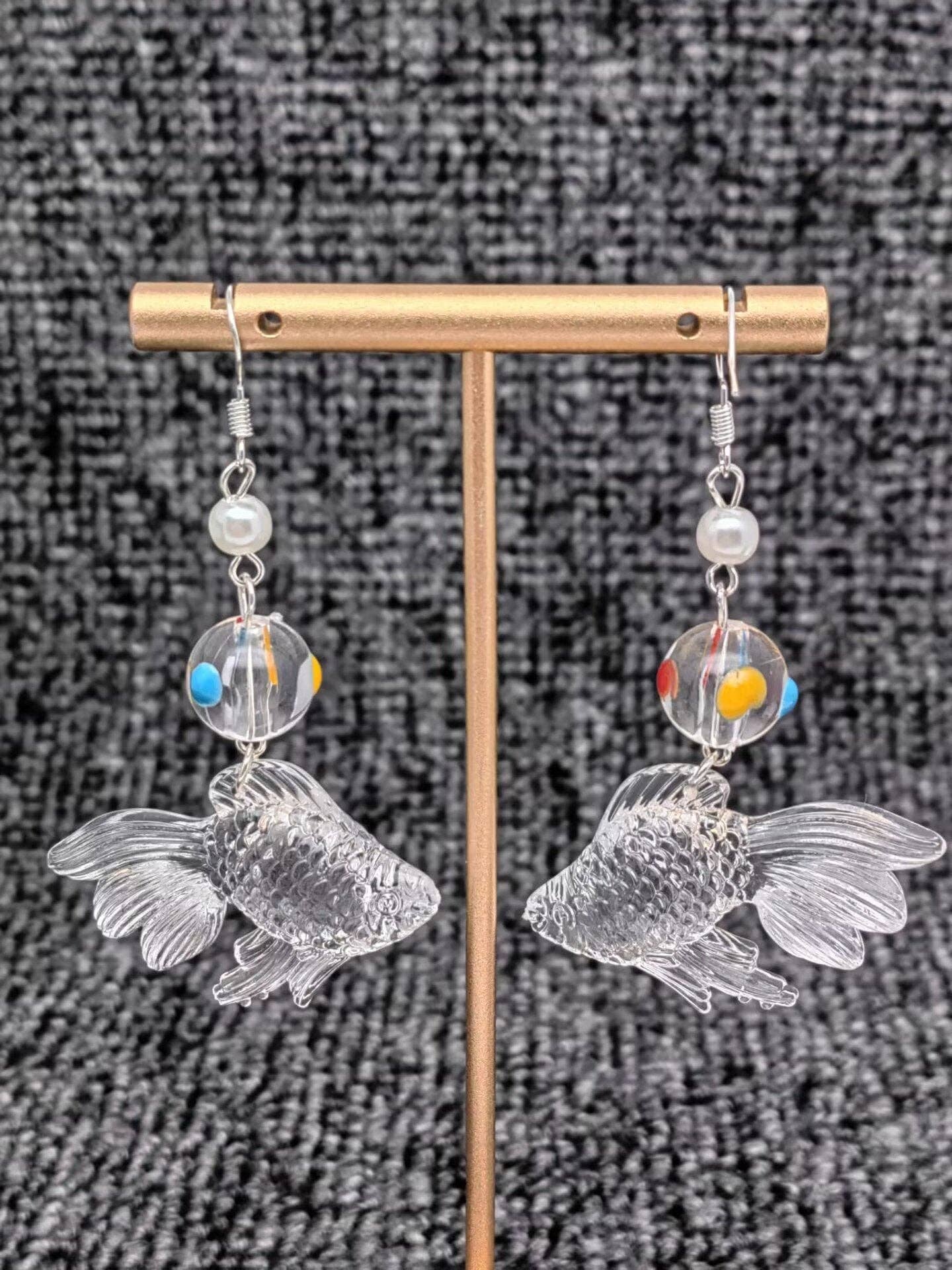 Earrings - Transparent Acrylic Goldfish Dangle Earrings: Post Style