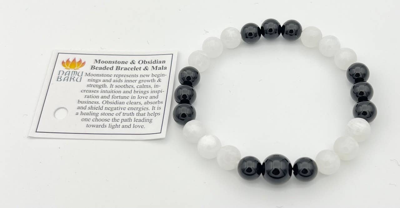 Beaded Bracelet - Black Obsidian & Moonstone - 8mm