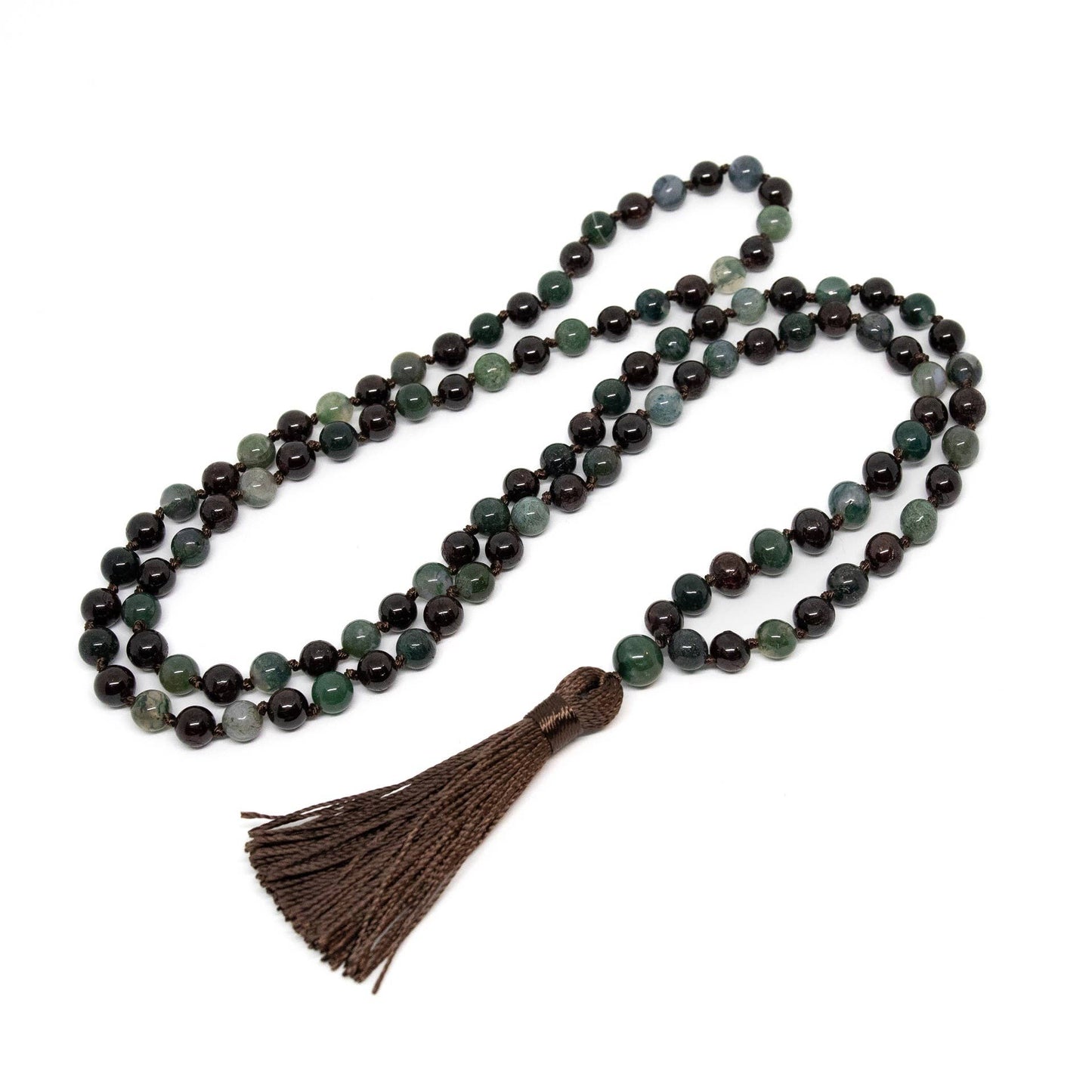 Mala - Garnet & Moss Agate KNOTTED 108 - Prayer Beads - 8mm