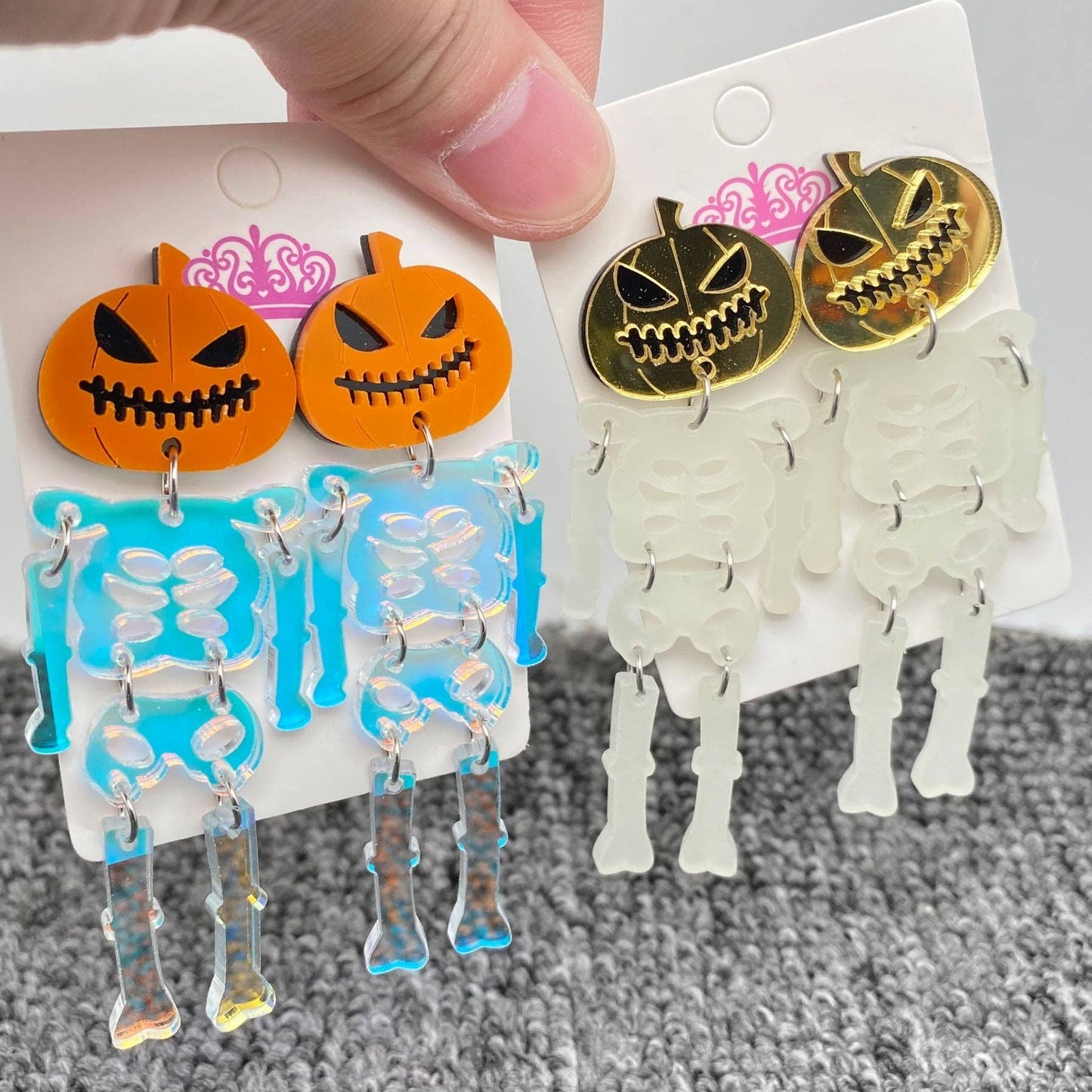 Earrings - Halloween Acrylic Skeleton Body Pumpkin Head Post