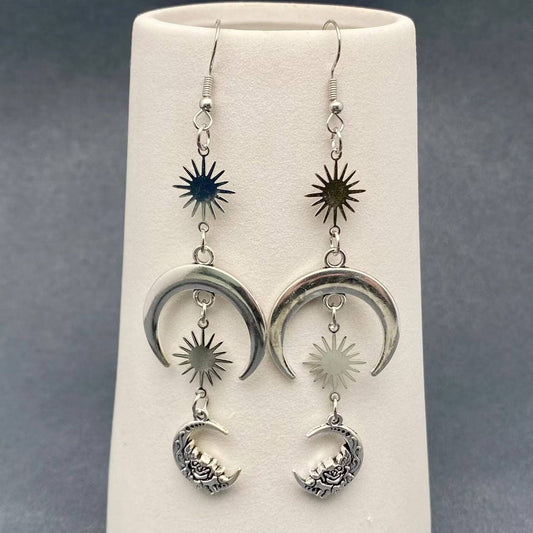 Silver Tone Star Moon Linked Dangle Earrings - MS