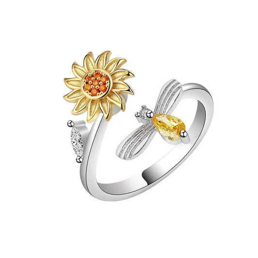 Sunflower Anxiety Fidget Spinner Ring in 925 Sterling Silver: Solid Copper