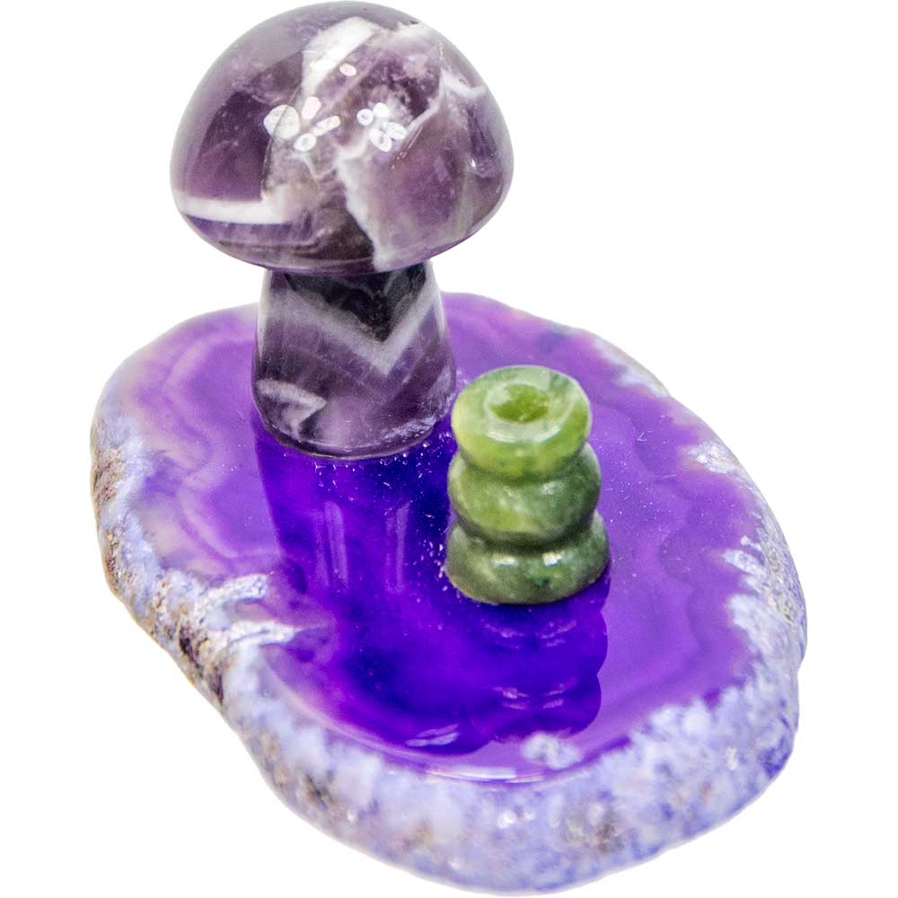 Agate Slice Incense Holder w/ Gemstone Mushroom - Asstd: Agate