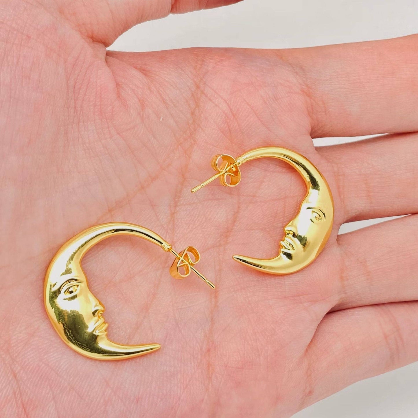 Earrings - Moon Face Gold Plated Hoop