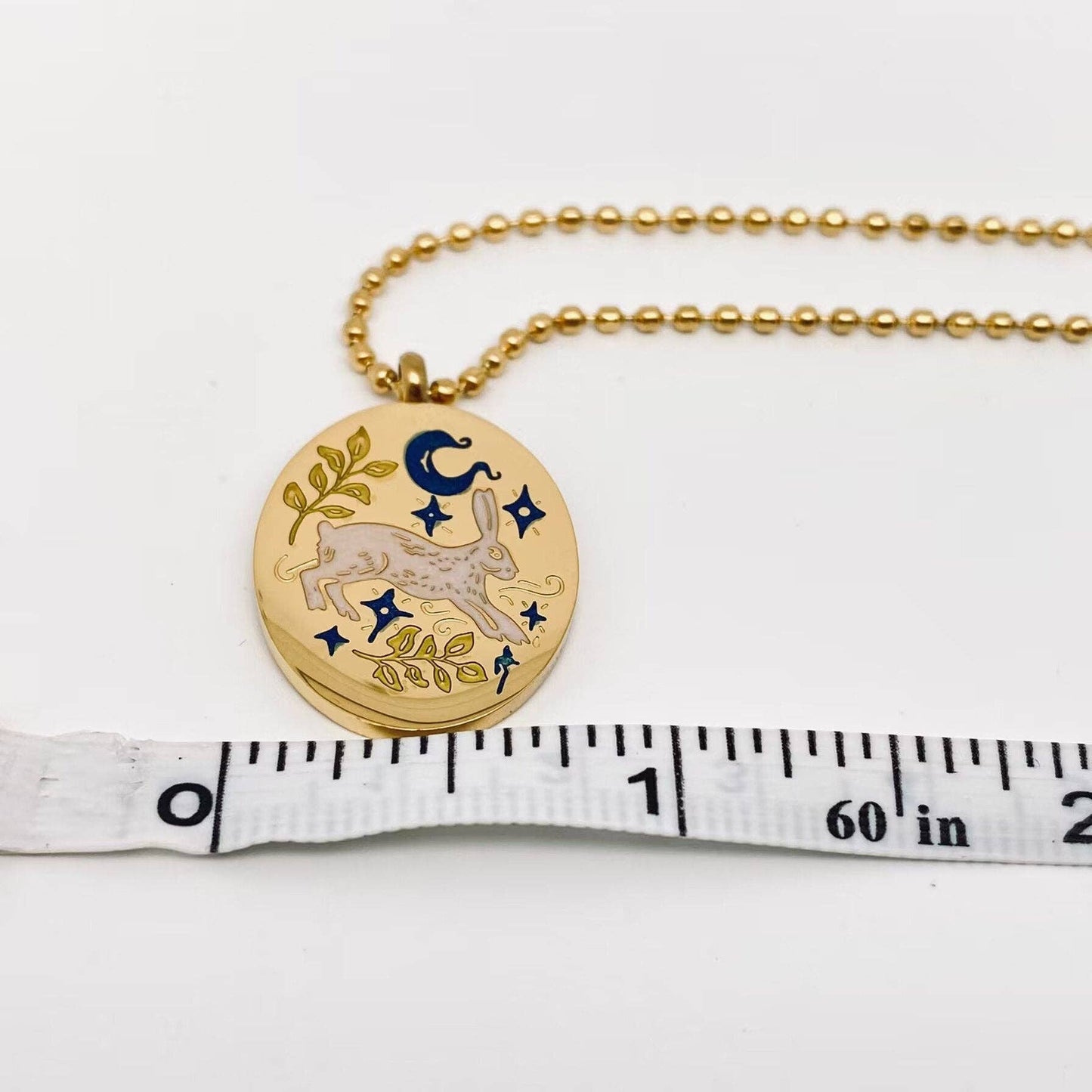 Painted Enamel Rabbit Oval 18K Gold Plated Necklace