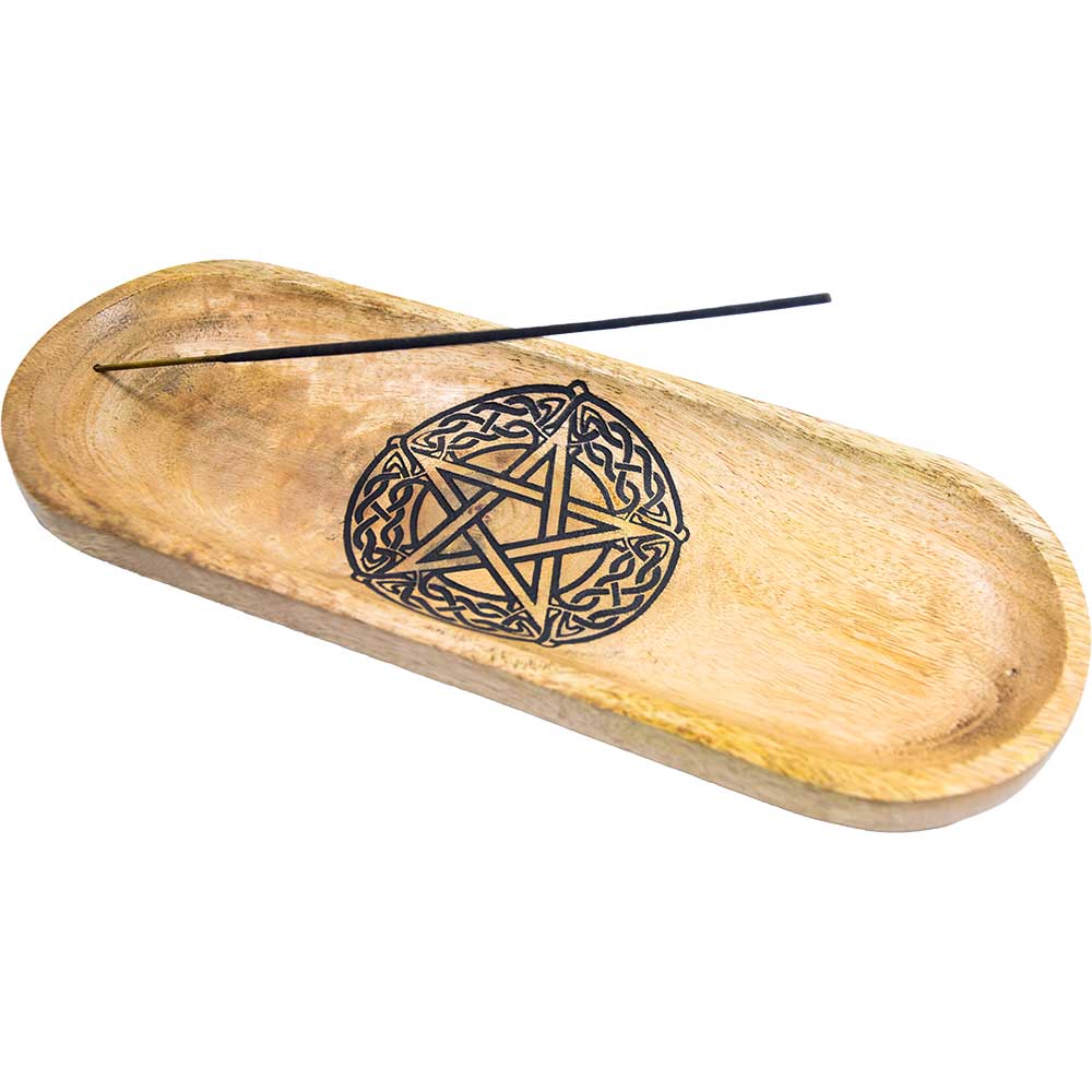 Mango Wood Oval Incense Holder -Celtic Pentacle (Beige)