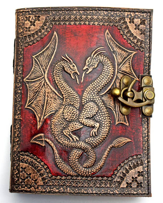 Leather Journal 52 - Red Double Dragon Embossed