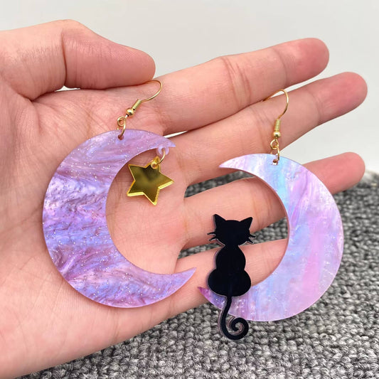 Earrings - Black Cat Moon Asymmetric Dangle