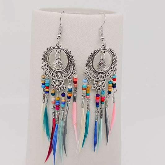 Round Hollow-out Bohemian Colorful Feather Tassels Earrings: Ancient silver