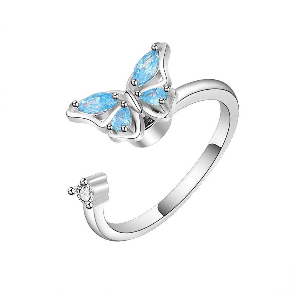 Butterfly Anxiety Fidget Spinner Ring in 925 Sterling Silver: Gold/Blue / Solid Copper