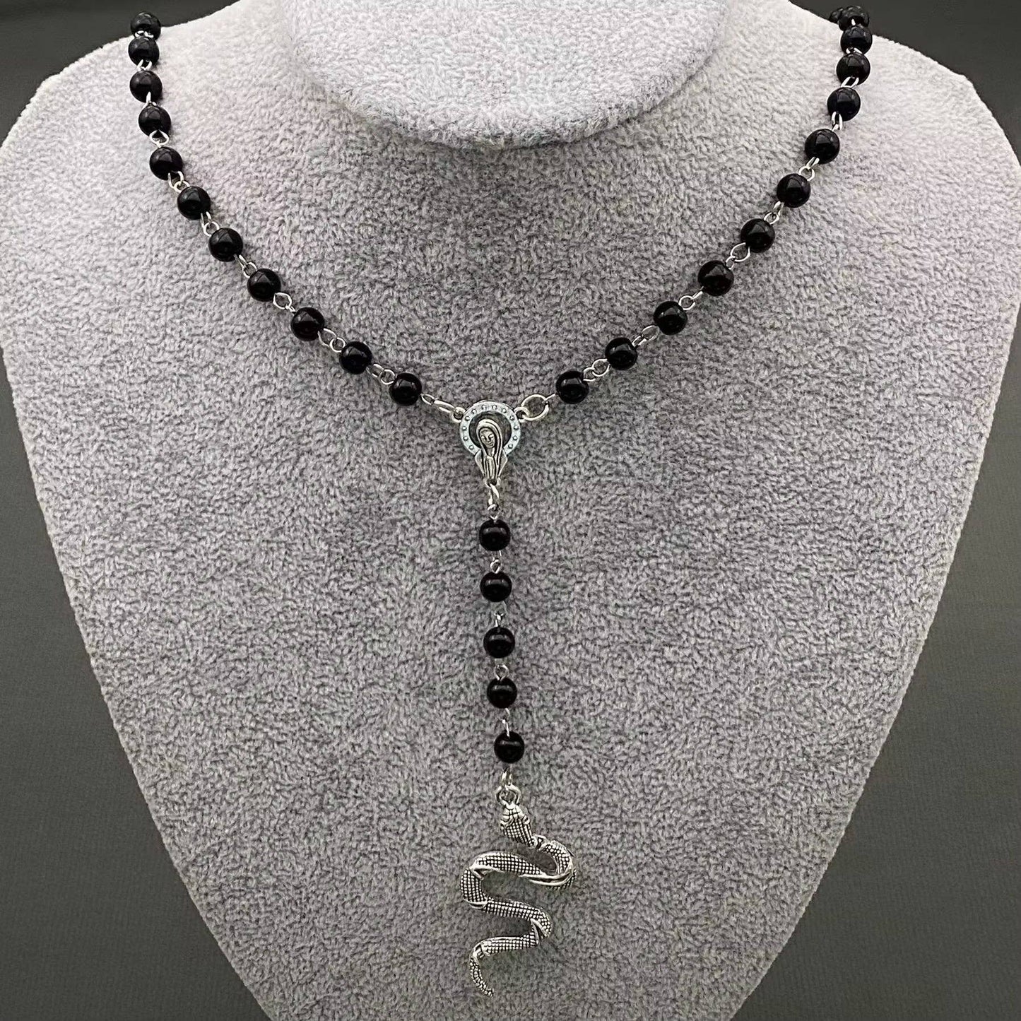 Snake Pendant Black Glass Beaded Y-shaped Necklace