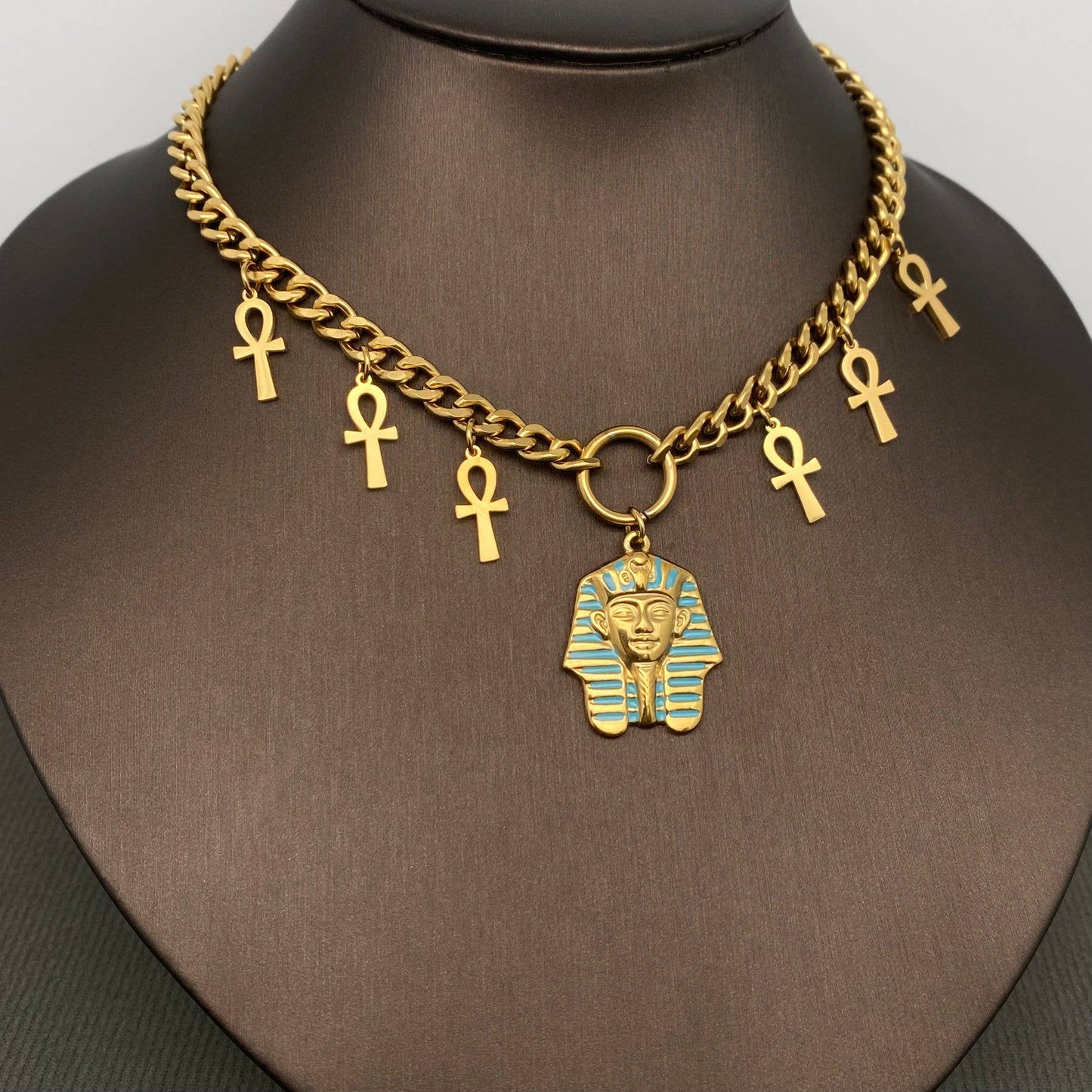 Pharaoh & Ankh Necklace - 18K Gold-Plated Stainless-Steel
