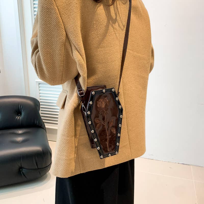Spider Web Pattern Studded Coffin Crossbody Bag: Black
