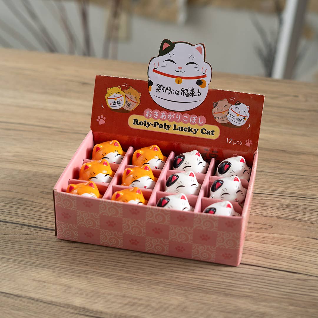 12 Piece Maneki Neko Lucky Cat Roy Poly Tumbler Figurines 2"H (1/24)