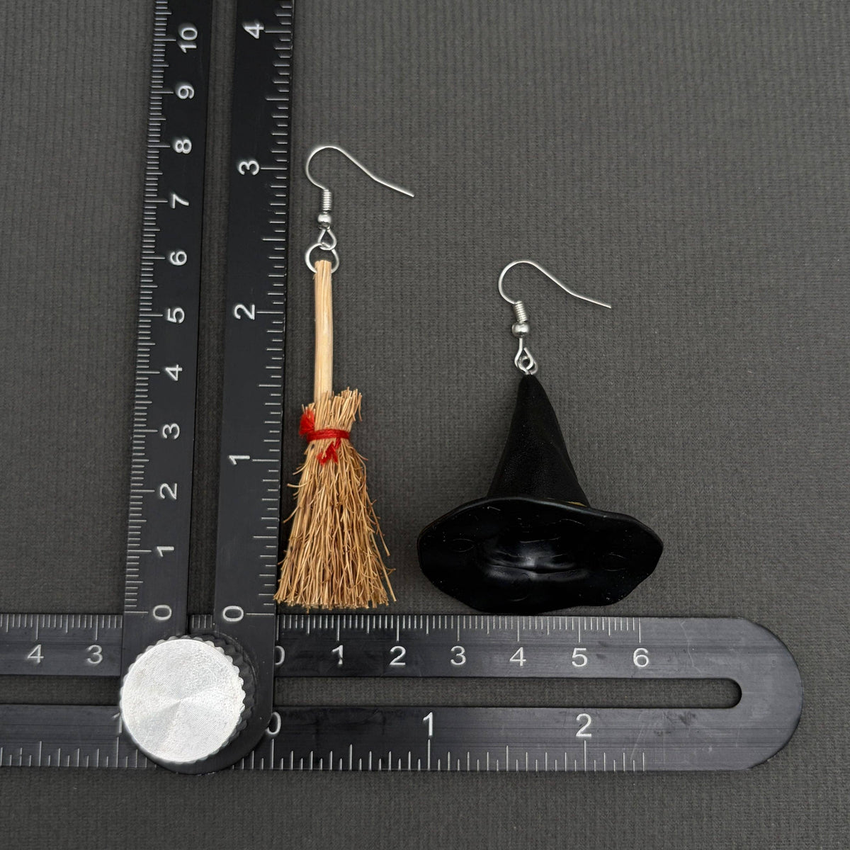 Halloween Asymmetric Witch Hat & Broom Dangle Earrings