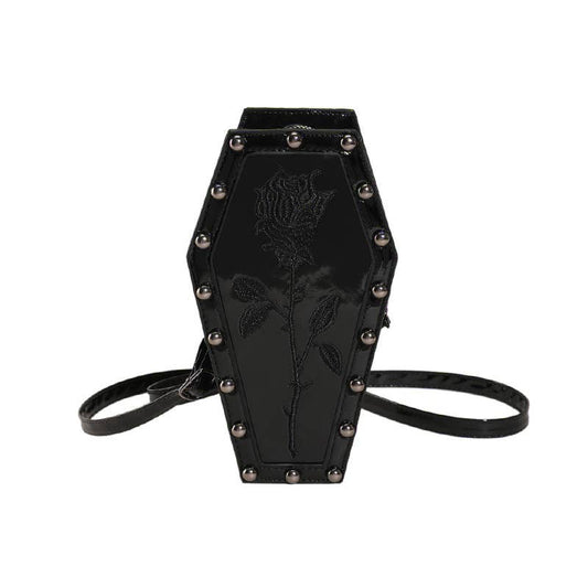 Rose Pattern Studded Coffin Crossbody Bag: Black