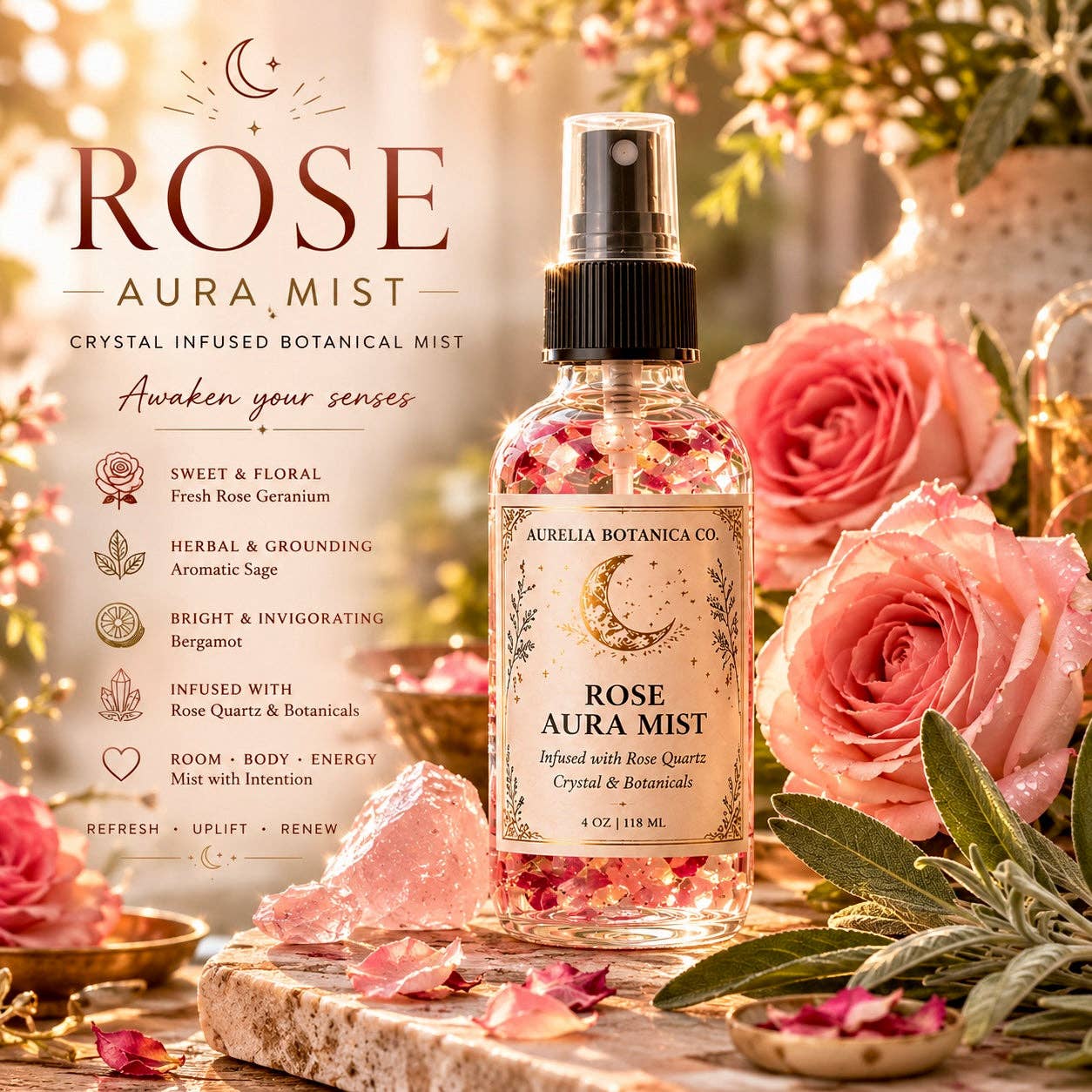 Rose & Sage Moon Water | Crystal Infused Aura Mist for Cleansing, Protection & Heart Healing | Full Moon Ritual Spray | Energy Clearing Botanical Mist: 2 fl oz